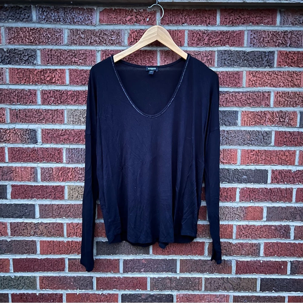 Express Black And Silver Thread Scoop Neck Long Sleeve Top